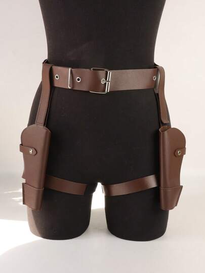 1 Stück einstellbarer brauner/schwarzer PU-Leder Doppel-Pistolenhalfter Gürtel | Mittelalterlich/Moderner Western mit Gürtelschlaufen-Befestigungssystem kompatibel mit Pistolen für Cowboy/Polizei Rollenspiel, Cosplay Kostüm Accessoire