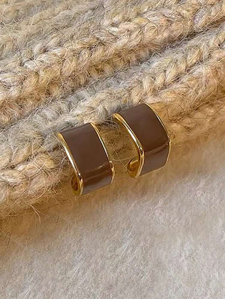 一对复古优雅珐琅几何C形设计耳环，休闲时尚，女士适用 - 棕色 - 查看 3