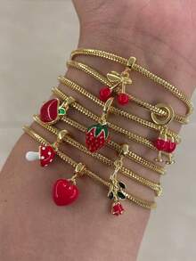 1 件草莓樱桃时尚手链吊坠，彩色油滴水果系列手链 - 彩色 - 查看 1