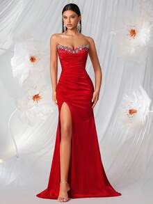 Đầm maxi nữ thanh lịch đính đá lấp lánh, dây mảnh, eo cao, xếp ly, xẻ tà cao, thắt eo, thích hợp cho dạ hội, dự đám cưới, tiệc gala, lễ hội, hẹn hò, tiệc tối trang trọng, tiệc sinh nhật, tiệc lễ hội, họp mặt gia đình. - Đỏ - Xem 5