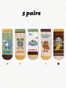 5双卡通山海经图案袜子，适合2-16岁男孩女孩，时尚新颖袜子，秋冬季 - 彩色 - 查看 10