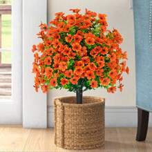 Pianta sferica resistente ai raggi UV per esterni, pianta artificiale in vaso con fiori viola e foglie di eucalipto, adatta per decorazioni da giardino, portico, vasi da fiori in stile fattoria e altre decorazioni per la casa. - Arancione - Visualizzare 4