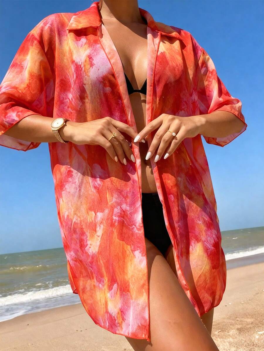 1pc Tie-Dye Mesh Print Cover-Up Swimsuit For Women, Beach Vacation - Multicolor - View 1