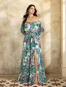 Faeriesty 优雅露肩印花长裙：泡泡袖设计，收腰剪裁，高开衩侧边，露背细节，以及遍布全身的植物印花——完美适用于婚礼宾客、新娘写真、花园仪式、正式晚宴和浪漫之旅。春日度假派对的理想之选。 - 綠色 - 查看 7