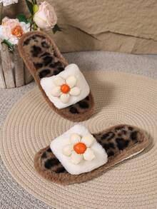 2026 Autumn/Winter Plush Floral Decor Slip-On House Slippers, Indoor & Outdoor Wear - Brown - View 6