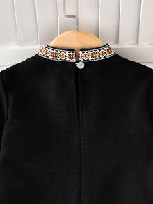 Vihyde 1pc Young Boy Middle Eastern Long Robe, Black With White & Orange Geometric Trim, Long Sleeve, Stand Collar, Pockets - Black - View 7