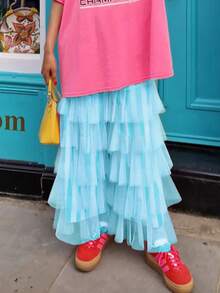 Women's Long Tiered Ruffled Tulle Pants High Waist Stripe Print Layered Mesh Wide Leg Palazzo Pants For Club Party - 藍色 - 查看 2