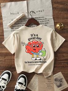 少女休闲印花圆领短袖T恤，夏季上衣 - 杏色 - 查看 1