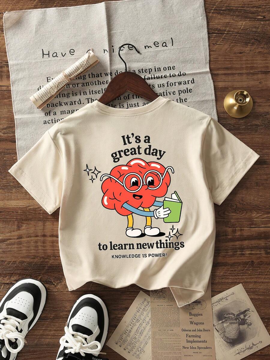 少女休闲印花圆领短袖T恤，夏季上衣 - 杏色 - 查看 1