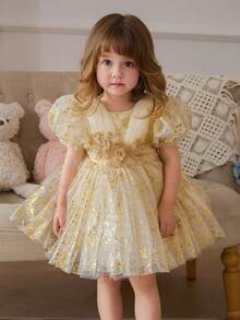 Baby Girls Champagne Puff Sleeve Mesh Tulle Peplum Dress, Princess Party Dress Suitable For 1st Birthday, Wedding, Banquet, Party, Holiday Celebration - Champagne - View 7