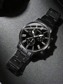 4pcs/Set Casual Business Men's Quartz Watch Set, Including 1pc Men's Quartz Watch And All-Black Accessory Set (Metal Band Roman Numeral Chronograph Watch, Chain Bracelet, Cross Necklace, Textured Ring) - Black - View 5