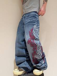 1pc Infinite Jeans Hong Kong Style High Street 3D Embroidery Floral Fashion Versatile Men's Washed Loose Wide Leg Jeans (Product Does Not Include Belt And Accessories) - Medium Wash - View 8
