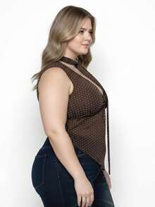 1Pcs Plus Size Women's Ruched Tank Top With Scarf - Sleeveless V-Neck Layering Vest, Dot Print Streetwear For Summer, Festivals  Casual Outfits - Brown - View 2