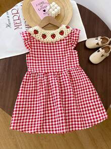 Abito estivo casual da ragazza con stampa a fragole, colletto ricamato a quadri e maniche a cappuccio - Rosso - Visualizzare 2
