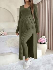Conjunto casual de 2 piezas de punto elástico de costilla en verde oliva/verde del ejército para maternidad, con top de manga larga con cuello en V y abertura frontal, combinado con pantalones de maternidad, un atuendo de embarazo y lactancia elegante y cómodo para la primavera - Verde Oliva - Ver 5