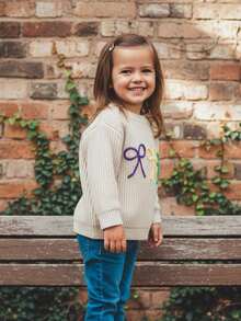 Suéter de MardiGras para niña pequeña con lazo bordado, cuello redondo, manga larga, tops de punto grueso - Albaricoque - Ver 5