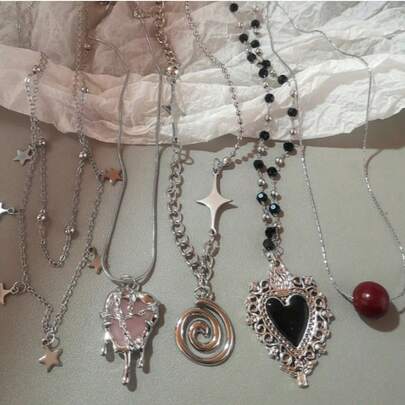 个性化心形爱心星形复古螺旋漩涡吊坠项链，适合Y2K甜美酷女孩、90年代EMO风格魅力饰品礼物