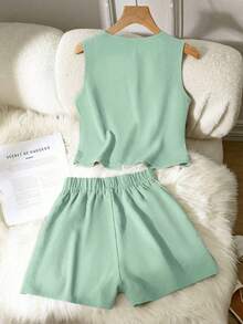 Bộ 2 món đồ nữ màu trơn, kiểu dáng thường ngày, thắt nút, thích hợp cho mùa xuân/hè. - Màu xanh Bạc hà - Xem 2