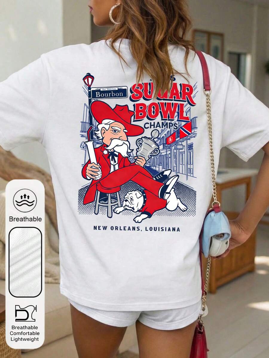 女士每日糖碗冠军图案圆领短袖休闲夏季女式上衣，红衣男子踩在斗牛犬身上图案女士白色T恤 - 白色 - 查看 1