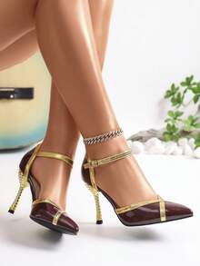 1 Pair Contrast Color Fashion Buckle Pointed Toe Hollow Out Stiletto High Heel Shoes, Suitable For Outdoor Wear All Seasons - Burgundy - View 2