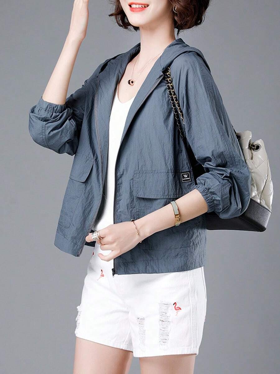 Abrigo convencional para mujeres Chaqueta ligera de manga larga con capucha, color liso, corta y con protección solar, con bolsillos. Ropa deportiva informal para exteriores para primavera, otoño y verano. Prendas de abrigo para mujer. - Gris - Ver 1