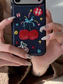 Autumn/Winter Cute Classic Blue Denim Embroidered Cherry Compatible With IPhone 17 ProMax Phone Case, 16 Pro New 17 Women 14 Pro Creative 15 Pro Full Protective Phone Cover - Blue - View 4