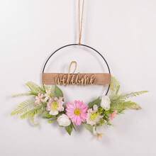 1 pieza Corona floral artificial, corona de aro floral de primavera/verano, corona circular de hierro con flores y hojas artificiales, decoración de bienvenida para pared, puerta, ventana, decoración del hogar, adorno colgante para boda - Multicolor - Ver 36
