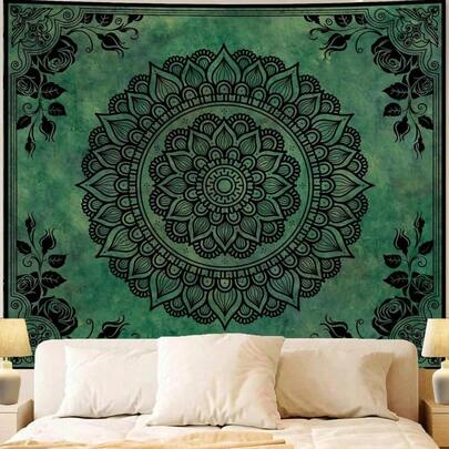 1pc Bedroom Aesthetics: Mandala Green Tapestry, Hippie Retro Floral Decor Tapestry, Ceiling Floral And Plant Art Background Tapestry, Dormitory Living Room.