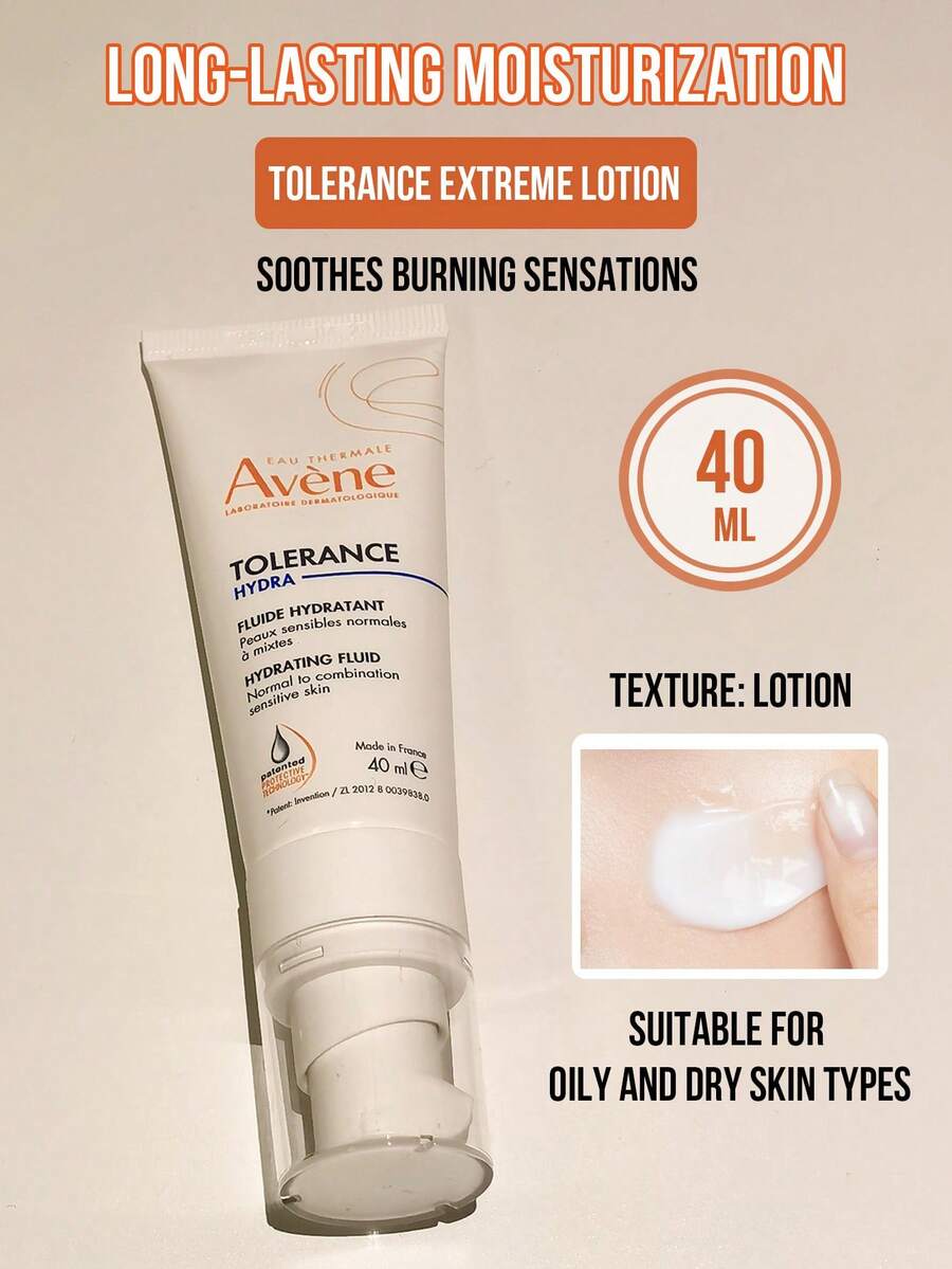 Avene Kem dưỡng ẩm Tolerance Extreme Hydrating Fluid / Hydra Lotion, 40ml (dung tích lớn), 5ml (dung tích du lịch), kem dưỡng ẩm da mặt tối giản với 9 thành phần thân thiện với da, phù hợp cho da thường đến da hỗn hợp nhạy cảm, cung cấp độ ẩm lâu dài và làm dịu cảm giác nóng rát, kết cấu không nhờn rít, thấm nhanh, đã được kiểm nghiệm da liễu tại Pháp, sản phẩm chăm sóc da thiết yếu đầy phong cách để làm dịu và dưỡng ẩm hàng ngày. - Sữa dưỡng ẩm làm dịu da cao cấp Avene - Xem 1