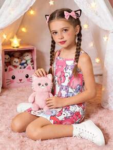 夏季女童无袖修身连衣裙，卡通猫咪印花，柔软面料，适合4-7岁儿童，休闲可爱猫咪连衣裙 - 粉色 - 查看 1