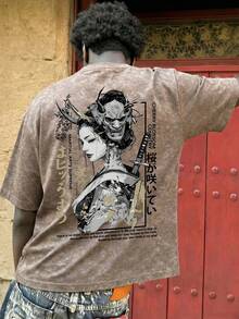 Men's Japanese Geisha Hannya Mask Graphic T-Shirt Summer Casual Fashion Streetwear Short Sleeve Tee Double Sided Print Dark Fantasy Samurai Art Harajuku Aesthetic Cotton Feel - Brown - View 2