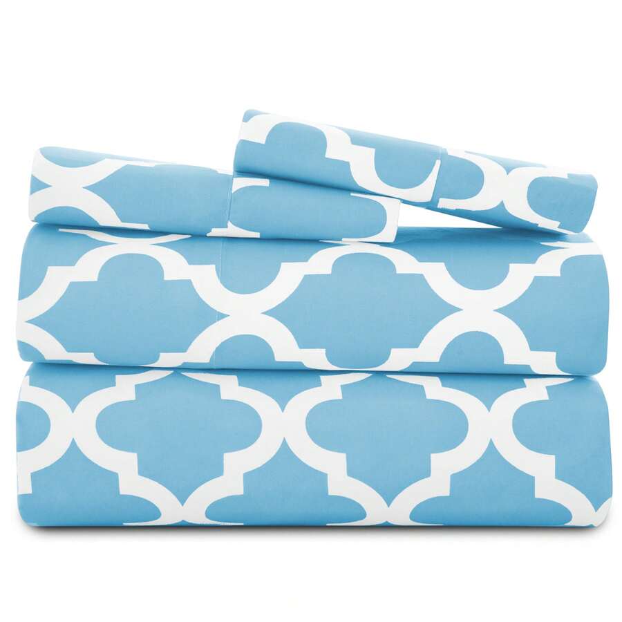 Lux Decor 4-Piece Quatrefoil Bed Sheet Set, Soft Brushed Microfiber Bedding With 16-Inch Deep Pocket Fitted Sheet, Breathable Hotel Luxury Sheets And Pillowcases, Fade And Wrinkle Resistant Bedding For Bedroom, Guest Room And Dorm - 水藍色 - 查看 1