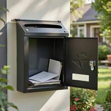 Buzon Correo para Exterior con Tapa Antilluvia, Buzon Cartas Metálico para Anclaje en Pared Fachada, Medidas 300x217x70 mm, Buzon Individual con Cerradura de Llave para Cartes y Sobres, Color Negro, Blanco, Gris - Negro - Ver 4