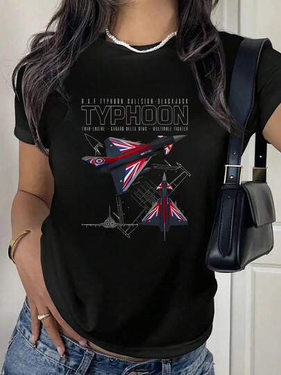 100% Cotton Typhoon Aircraft Design With British Flag Round Neck Short Sleeve T-Shirt Women's Men's Fashion Summer Tops Printing Graphic Tee