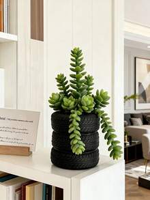 1个创意轮胎造型多肉植物花盆，绿色植物容器，家居花园装饰，带排水孔，适用于多肉植物、香草、仙人掌 - 户外桌面/办公桌装饰，轻便耐用