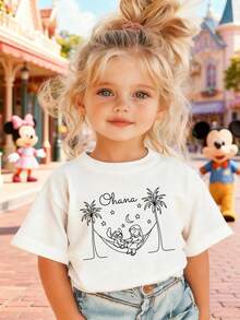 Disney Girls' T-Shirt, Featuring A Minimalist Stitch And Lilo Line-Art Cartoon Print. Summer Cotton Crew-Neck Short-Sleeve Tee For Girls, Perfect For Everyday Wear, Vacations, Outdoor Activities, And As A Gift For Children. - trắng - Xem 1