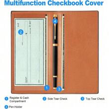 Premium Leather Checkbook Cover For Men And Women Checkbook Holder Wallet RFID Blocking - 布朗上 - 查看 2