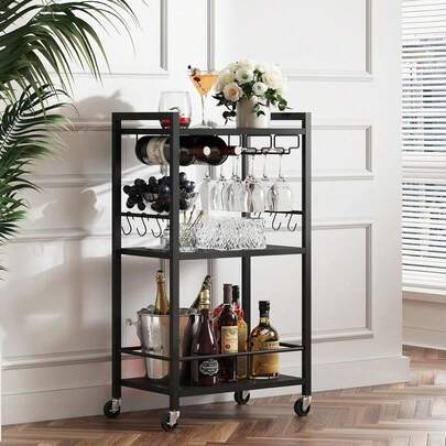 Drinks Trolley, Bar Cart With 3-Tier Shelf, Serving Trolley With Wine Rack, Glass Holder, Rolling Bar Cart For The Home, Living Room, Black V1BC01BK035EU