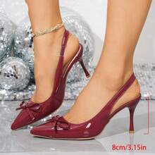 Fashionable Pointed Toe Backstrap Bow Decor Shiny Patent Leather Slip-On Shoes, Suitable For Teenagers, High School And College Students, Versatile For Everyday Wear And Stage Performance - Burgundy - View 10