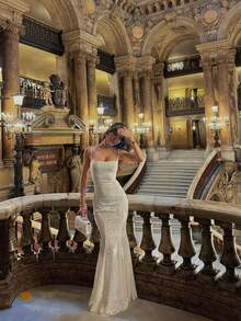 Long Elegant Backless Knit Bridesmaid Dress, Spaghetti Strap Sleeveless Design, Slightly Stretchy, Suitable For Parties And Vacations - White - View 3