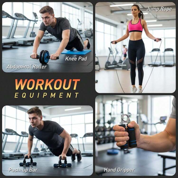 7pcs Home Gym Fitness Set, Includes Jump Rope, Grip Strengthener, Push-Up Bars, Ab Roller For Muscle Building - Multicolor - View 12