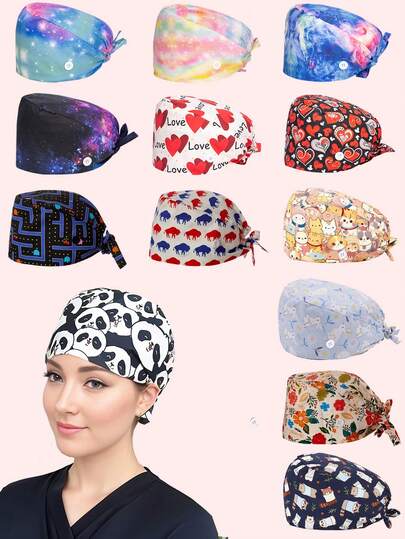 Fluffy Surgical Cap, Work Cap, Nurse Cap With Button And Sweatband, Adjustable Drawstring, Unisex, Valentine's Day Gift