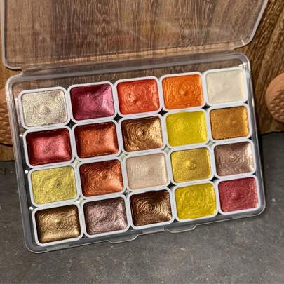 20 Colors Pearlescent Solid Watercolor Paint, Vibrant Colors Metallic Water Color Pigment, Sparkly & Shimmer & Glitter Paint For Writing, Decoration For Artists And Painting Lovers In Hallowen, Birthday, Festival