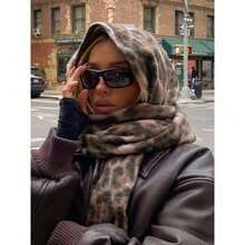 1pc Solid Color Scarf, Winter Warm Neck, Thickened Wool Knitted Thick Fringed Shawl, Can Be Worn For Dress - Leopard Print - View 5