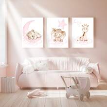 Tranh treo tường bằng vải canvas màu hồng chủ đề động vật rừng - Gấu bông, Voi, Hươu cao cổ, thích hợp trang trí phòng trẻ em, nhà trẻ, mẫu giáo, phòng bé trai, phòng ngủ bé gái, trang trí phòng trẻ em, trang trí ngày Valentine. - Nhiều màu - Xem 6