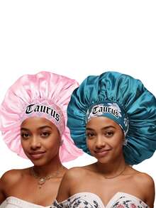 2 piezas Gorro de dormir de satén, Gorro de dormir de satén con estampado personalizado de 12 signos del zodíaco de ala ancha y elástico, Gorro de pelo de satén (estampado aleatorio) - Multicolor 2 piezas SM12+15/1 - Ver 29