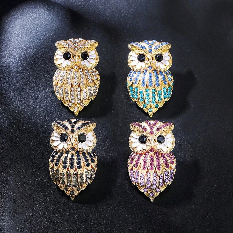 1枚猫头鹰造型休闲锌合金镶钻时尚个性化胸针，适合男士日常、工作、派对佩戴