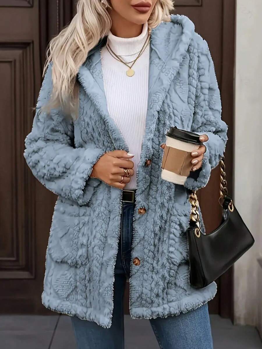 Transitional Weather Essential: Plush Textured Coat With Hood – Snug Fleece Material Keeps You Warm In Cool Early Spring Days & Chilly Winter Evenings. Designed With Functional Pockets, Classic Button Front, And A Soft, Tactile Finish For Cozy, Stylish Wear. - 藍色 - 查看 1