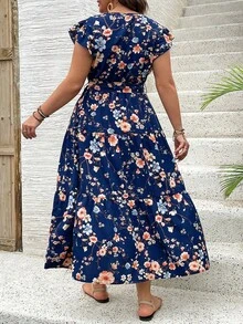 Pretty and Ole 大码夏季 V 领花卉荷叶边下摆度假风格中长连衣裙女装 - 彩色 - 查看 4