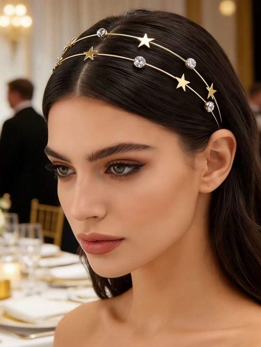 1pc/2pcs Eid Mubarak Gift Star & Moon Headband, Double Pearl & Rhinestone Headband, Stretchy Headband, Elegant Minimalist Hair Accessories - Multicolor - View 1